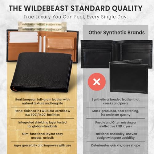Image of Wildebeast Full-Grain Black European Leather Wallet for Men - RFID Blocking Slim Bifold with ID Window, Card Slots & Coin Pocket, Eco-Tanned Leather, Stylish Gents Purse, Gift for Men - The Frontier