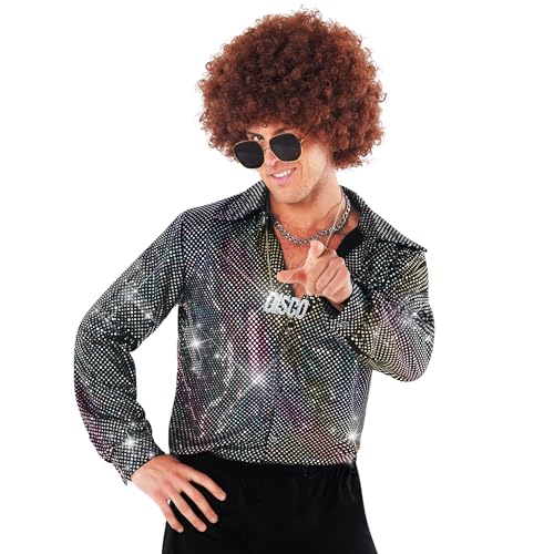 Morph Camisa de disco, camisa anos 70 homem, disfarce anos 70 homem, camisa brilhante homem, disfarce homem anos 70, disfarce carnaval homem tamanho L, PRATEADO, L