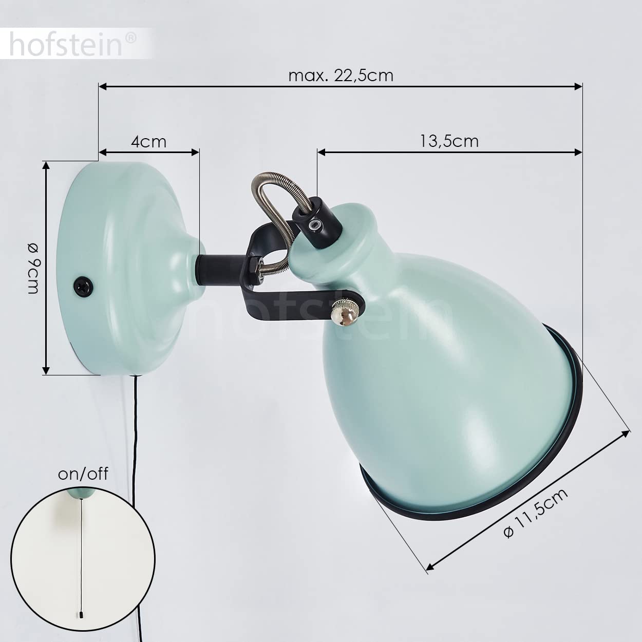 Wandleuchte Selki, moderne Wandlampe aus Metall in Türkis matt/Weiß/Schwarz mit verstellbarem Strahler, Leuchte im Retro/Vintage-Design mit Zugschnur am Gehäuse, 1-flammig, 1 x E14, ohne Leuchtmittel