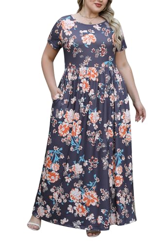 Nemidor Plus Size Maxi Dresses for Curvy Women Summer Casual Loose Short Sleeve Long Beach Dress with Pocket