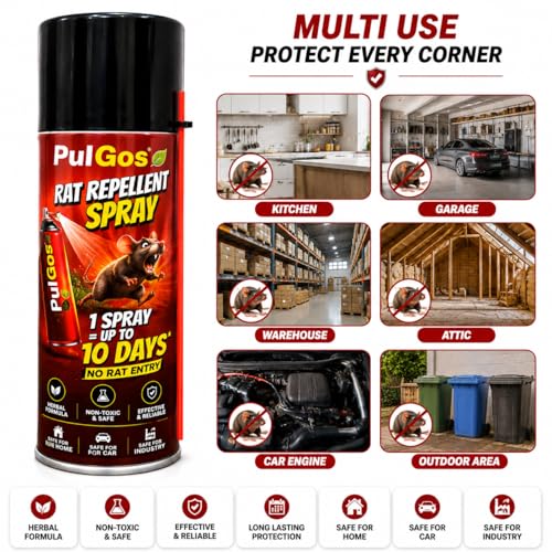 Image of PulGos Rat Repellent Spray for Car, Home & Kitchen | Non-Toxic Formula | 500 ml | Natural Essential Oil, Smell-Based Formula | Prevents Rat Entry & Damage | Easy to Use, Pet Safe, Easy Spray Nozzle