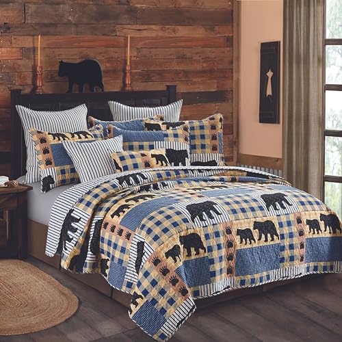 Virah-Bella-3-Piece-Queen-Lodge-Quilt-Bedding-Set-Black-Bear-Plaid-Rustic-Cabin-Country-Reversible-Camping-Comforter-Set-with-Decorative-Pillow-Shams-BlueBlack Virah Bella 3 Piece Queen Lodge Quilt Bedding Set Black Bear Plaid Rustic Cabin Country Reversible Camping Comforter Set with Decorative Pillow Shams BlueBlack