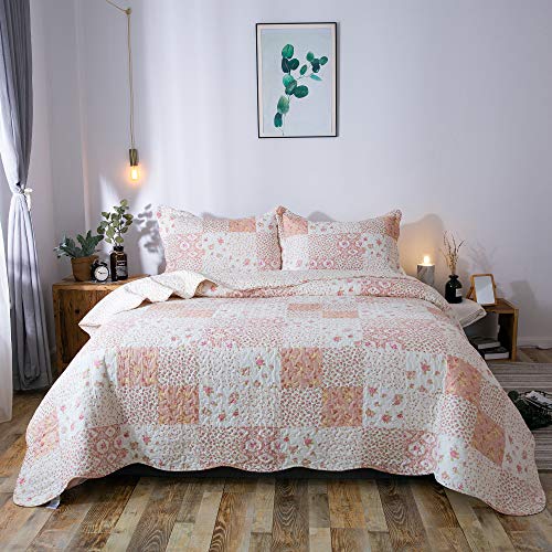 Kasentex Country-Chic Printed Pre-Washed Quilt Set. Microfiber Fabric Quilted Design. King Quilt + 2 Shams. Multi-Pink #TOP1