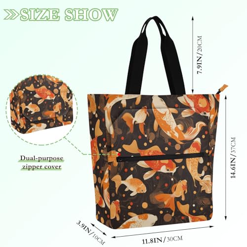 Decorative Cute Book Tote Bag for Kids Women Men, Japanese Goldfish Water-resistant Reusable Grocery Beach Bag with Zipper for College Shopping Beach Rainbow mochilas para lectores2