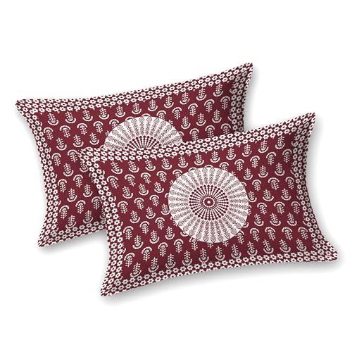 Image of RajasthaniKart Pure 100% Cotton Double Bed Sheet with 2 Pillow Covers (Bedsheet for Double Bed Cotton, Maroon Rangoli, Jaipuri King Size,5305)