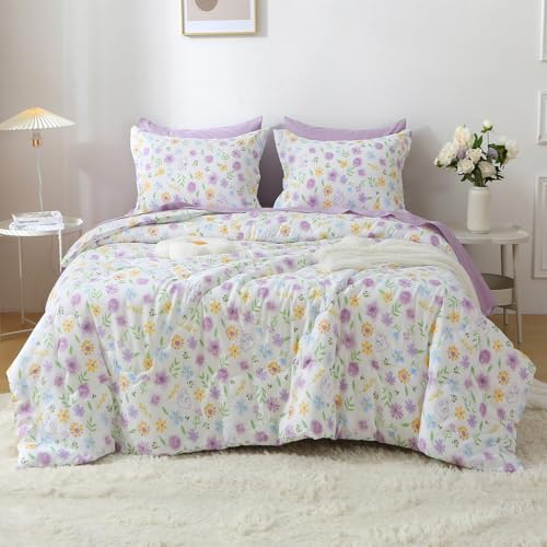 Wajade Floral Comforter Set Bed in A Bag Queen Size 7 Piece Purple Flower Green Leaves Rabbits Bedding Set for Girls (1 Comforter, 1 Flat Sheet, 1 Fitted Sheet, 2 Pillowcase and 2 Pillow Sham) by Wajade - Used condition - Image 2