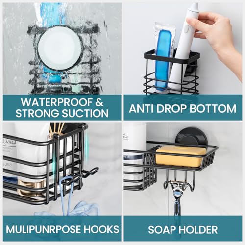 Image of TAILI Shower Caddy Suction Cup, 3 Pack Shelves for Inside with Hooks, Black | Soap Holder, Toothbrush Cups, Removable Bathroom Organizer, Rustproof Shower Shelves
