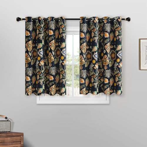 Image of XiDi Navy Blue Short Floral Patterned Blackout Curtains 54 Inches Long