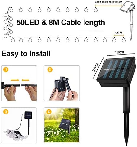 TOPYIYI Solar Lights Outdoor Garden, 26ft 50 LED Garden Lights Solar/USB Powered String Lights Waterproof, 8 Modes Crystal Ball Solar Fairy Lights for Patio, Gazebo, Yard, Wedding, Party,Warm White
