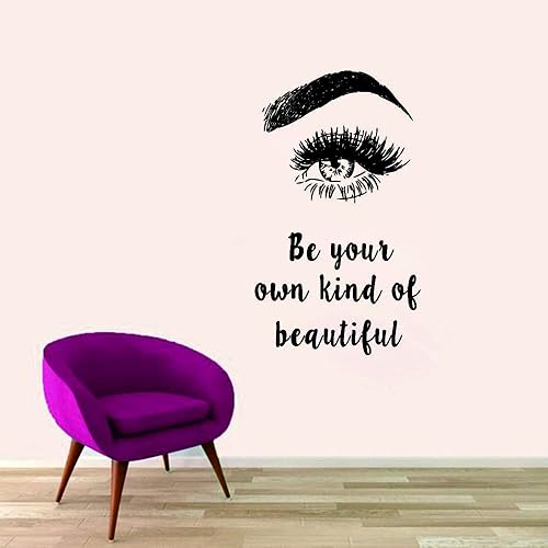 Miniatura 7 de Calcomanía de pared de pestañas y maquillaje, con texto en inglés «Be Your Own Kind of Beautiful Quote», adhesivo de vinilo extraíble para salón de