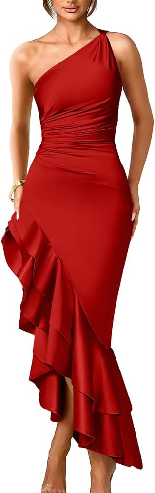 LAGSHIAN Women's Elegant One Shoulder Ruched Asymmetric Ruffle Satin Cocktail Party Maxi Dress