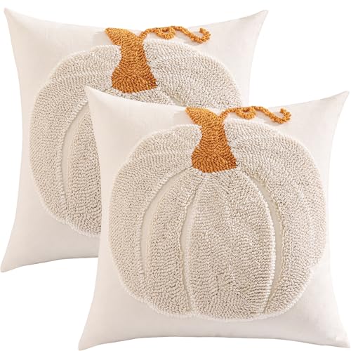 Tosleo Halloween Throw Pillow Covers 18x18 inch Set of 2 Halloween Beige Pumpkin with Orange Root Embroidered Pillow Cases Thanksgiving Home Party Pumpkin Fall Decor Pillowcases Square Cushion Covers