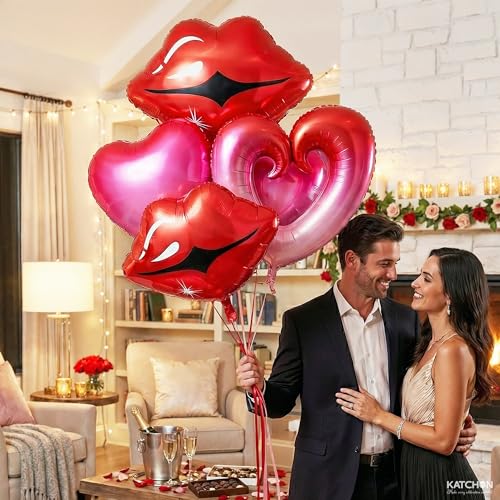 Image of KatchOn, Huge Red Lip and Heart Balloons Decorations - 36 Inch, Pack of 5 | Pink and Red Heart Shaped Balloons | Cute Heart, Lips Balloons | Pride Decorations, Pride Month Decorations