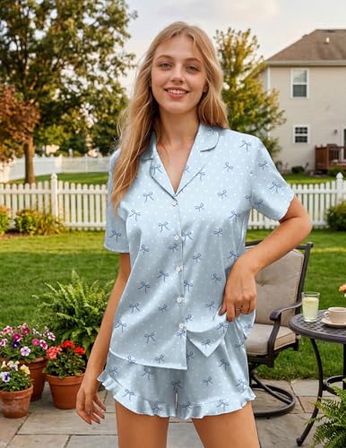 Image of HOTOUCH Womens Satin Pajamas Set Button Down 2 Piece Silk Pjs Shorts Set Ruffle Lingerie Notch Collar Sleepwear