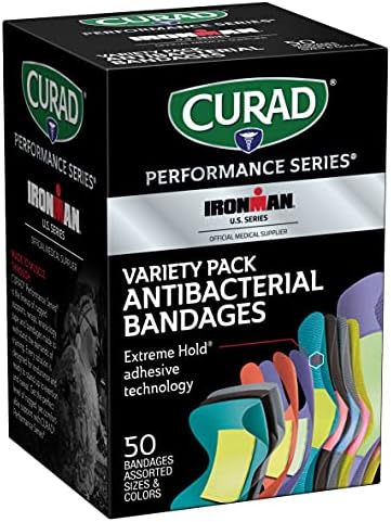 Curad Performance Series Ironman Antibacterial Bandages, Extreme Hold Adhesive Technology, Assorted Variety Pack Includes Standard, XL, Finger & Knuckle Fabric Bandages, 50 Count