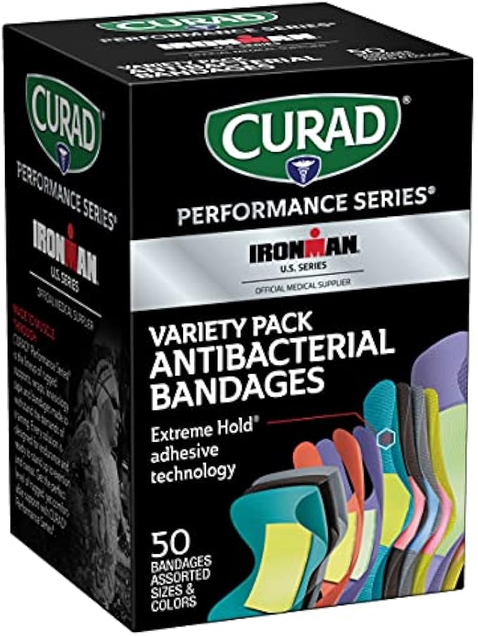 Curad Performance Series Ironman Antibacterial Bandages, Extreme Hold Adhesive Technology, Assorted Variety Pack Includes Standard, XL, Finger & Knuckle Fabric Bandages, 50 Count