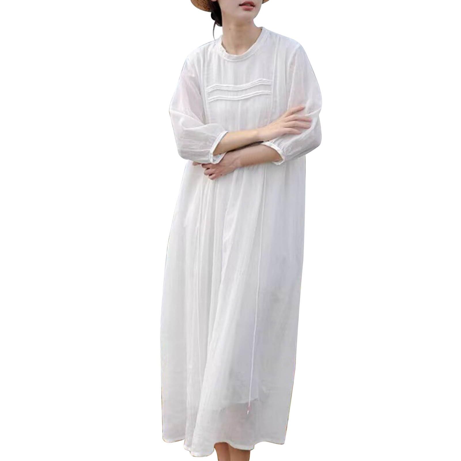 HGps8w Cotton Linen Maxi Dress for Womens Summer Vintage Long Sleeve Loose Crewneck Casual Swing Dresses