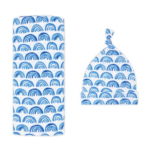 Image of Little Sleepies Swaddle & Hat Set, Baby Swaddles Newborns, Soft Viscose from Bamboo Swaddle Blanket Wrap (Blue Rainbows)