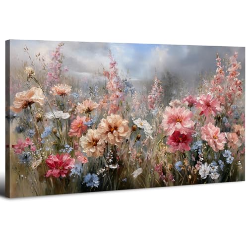 Tableau Fleurs Roses sur Toile 50x100 cm, Impression sur Toile Fleurs Sauvages Pastel Paysage, Toile Florale Romantique, Tableau Champ de Fleurs Roses Pastel Abstrait,...