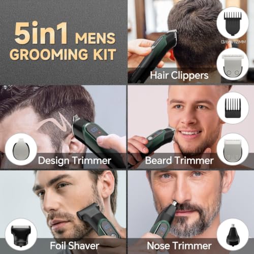 Image of 5-in-1 Beard Trimmer for Men, Hair Clippers Grooming Kit, Cyan | 150Mins Working Time, USB-C Rechargeable, LED Display for Face, Mustache, Body, Ear, Nose Hair Trimmer