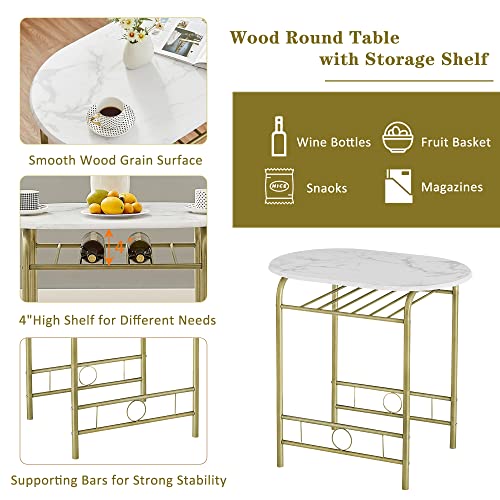 Image of VECELO 3 Piece Small Round Dining Table Set for Kitchen Breakfast Nook, Wood Grain Tabletop with Wine Storage Rack, Save Space, 31.5 inch, White and Gold