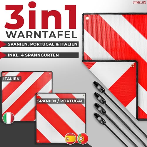 ATHELON® 3in1 Warntafel für Italien, Spanien & Portugal - Reflektierendes Warnschild inklusive 4X Spanngurte - Hochwertige Warntafel Italien für Fahrradträger (Warntafel + Gummi)