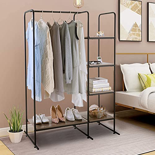 Metal Garment Rack, Free Standing Closet Storage Organizer W/ 5 Shelves & Hanging Bar, Open Wardrobe Rack For Hanging Clothes And Storage, Clothes Rack For Bedroom Living Room Entryway,Black/Dark Brown(Model:2103) #TOP4