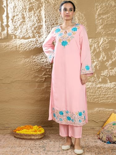 Image of INDO ERA Womens Silk Blend Embroidered Straight Kurta Pant Dupatta Set (IESTR6713)