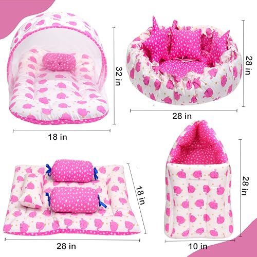 Image of Fareto Combo of Baby Nest | Net with Bed | Carry Bag | 4 Pcs Bedding Set(0-6 Months) (Fullset Nest) (Ele Pink)