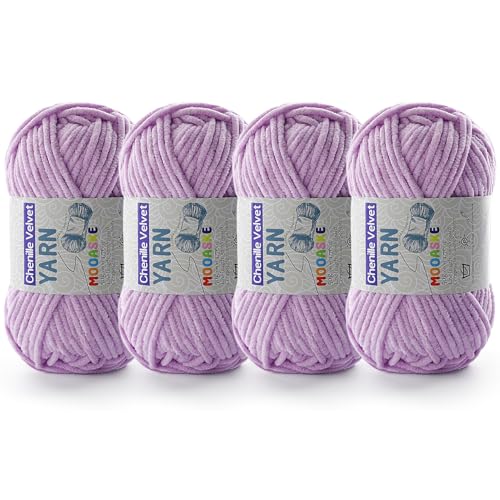 Image of 4 Pac Chenille Yarn for Crocheting - Blanket Yarn for Crocheting - Fluffy Yarn for Crochet, Baby Yarn for Crocheting Soft Blankets Weight Per Roll 50g /1.76oz, Length 60m /65yard (Light Purple)
