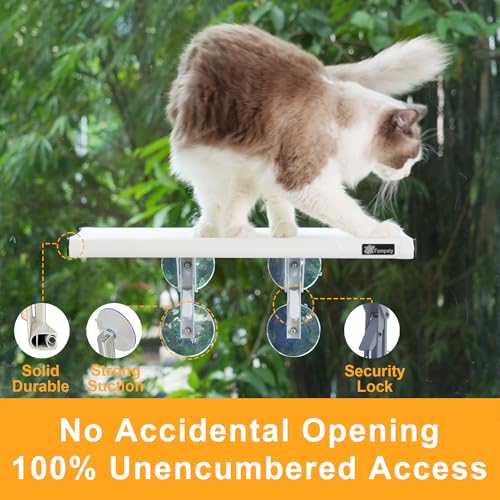 Fampety 21\" Large Cat Window Perch, Foldable & Cordless, Holds Up to 60lbs, Preassembled, 4 Extra Suction Cups, Sturdy Support, Textilene Bed, Easy Clean & Quick Dry - White