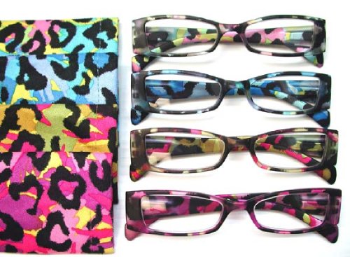 Fiore 4 Pack Reading Glasses Safari Series Brilliant Colors Spring Hinges w/Matching Case (1.50)