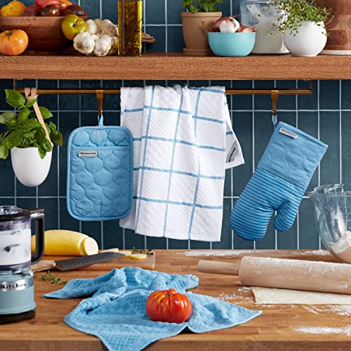KitchenAid Quilted Cotton Terry Cloth Oven Mitt, Pot Holder Set di Asciugamani da Cucina, Guanto da Forno e presina, Cotone e Poliestere, Velluto Blu - immagine 3