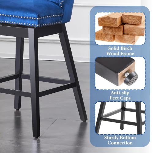 Image of Blue Swivel Bar Stools, Velvet Counter Height Bar Stools Set of 1 | 360 Swivel Bar Chairs, Solid Wood Legs, Upholstered Kitchen Island Stools, Modern Extra Wide Seat (Blue, 26 inch H, 1 Pack)