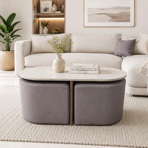 Image of The Attic Norwood Coffee Table, Coffee Table for Living Room, Coffee Table with 2 stools Solid Wood Centre Table with Ceramic Top, Tobacco Brown Finish