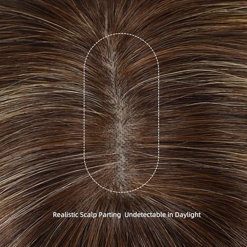 Image of 16 Inch Brown Mixed Blonde Human Hair Wig, Human Hair Wig With Bangs, Real Hair Wigs For Women, real human hair wigs