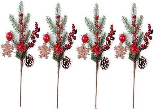 FLORRALIA Artificial Pine Cone Picks with Red Berry Stems 16 Inch Floral Picks for Xmas Tree Fillers Xmas Decor /set of 4