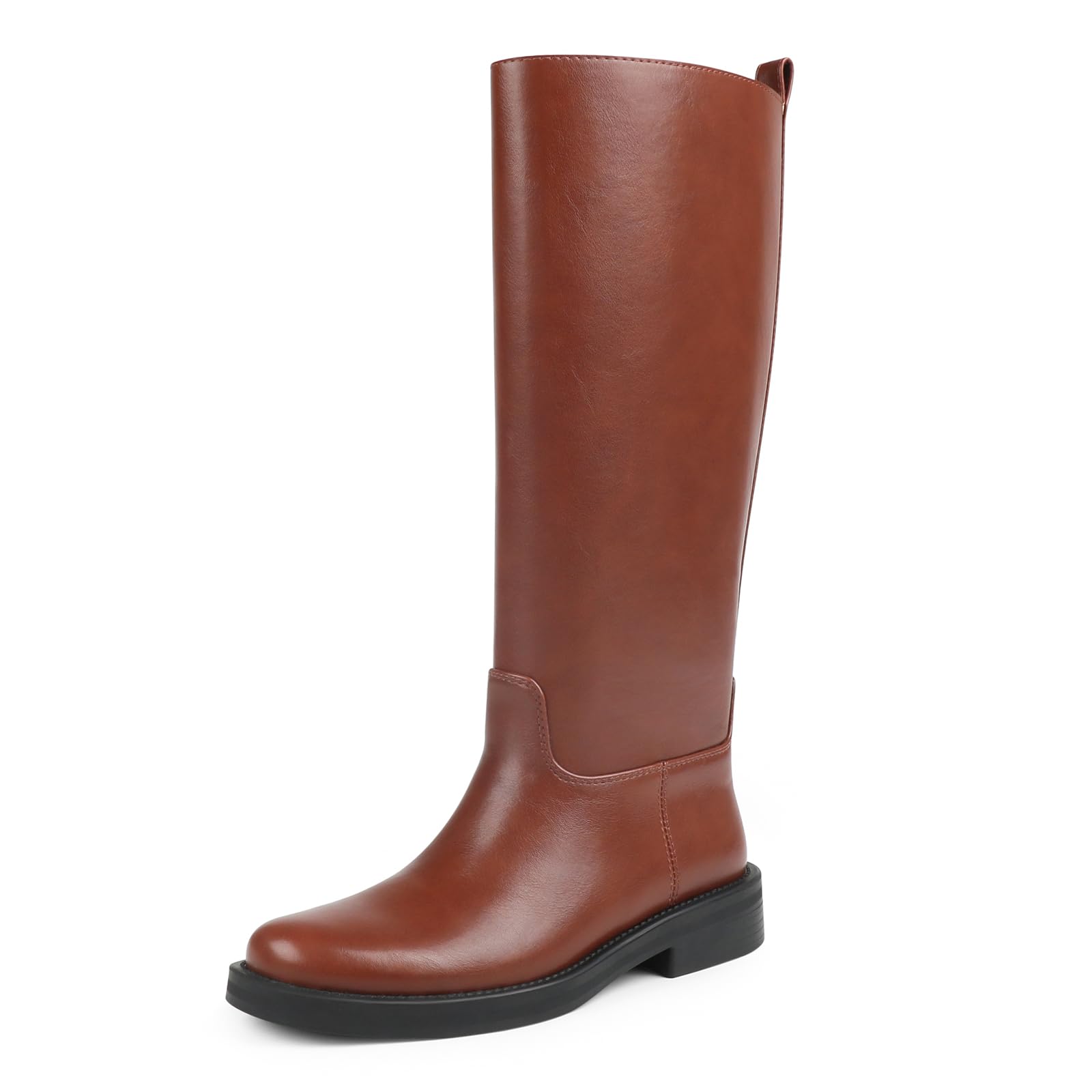 JOY IN LOVE Knee High Boots for Women Low Chunky Block Heel Faux Leather Wide Calf Riding Tall