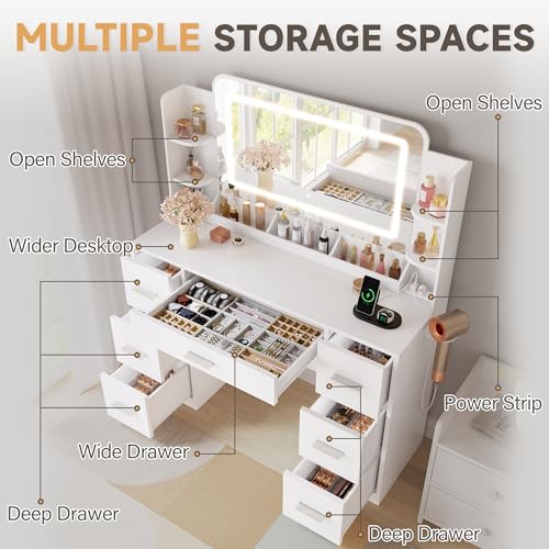image for YESHOMY 43.3''Vanity Desk with LED Mirror & Power Outlet, 7 Drawer Mak