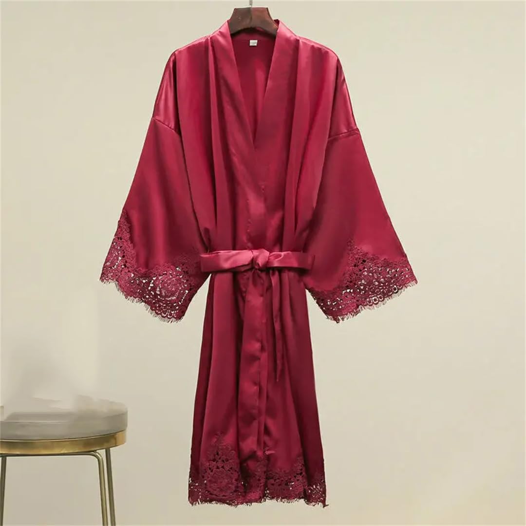 Yeuyyben Raso di Seta Pizzo Robe Per Le Donne Personalizzato Abito Da Sposa Accappatoio Sposa Damigella D'onore Kimono Robe Borgogna