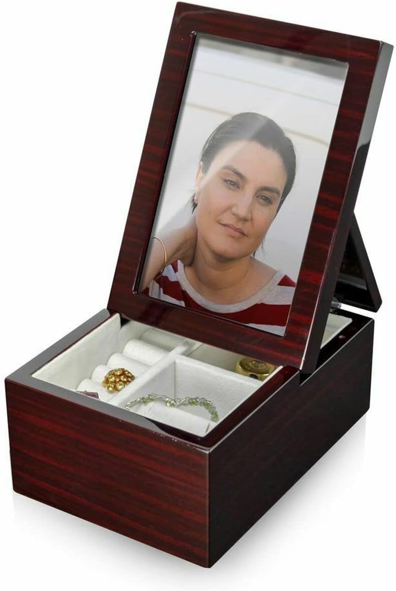 Ultra-Modern Music Box with Fold-Up Photo Frame - Solid Wood Jewelry Box with Compartment with Picture Frame (6 X 4) - Many Songs to Choose - Away in a Manger