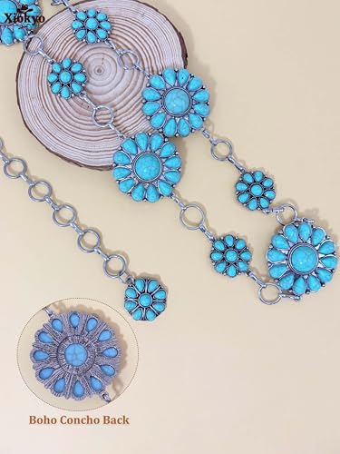 Image of Turquoise Belt Silver Western Chain Belt, Cowgirl Concho Style with Turquoises Embellishment for Women