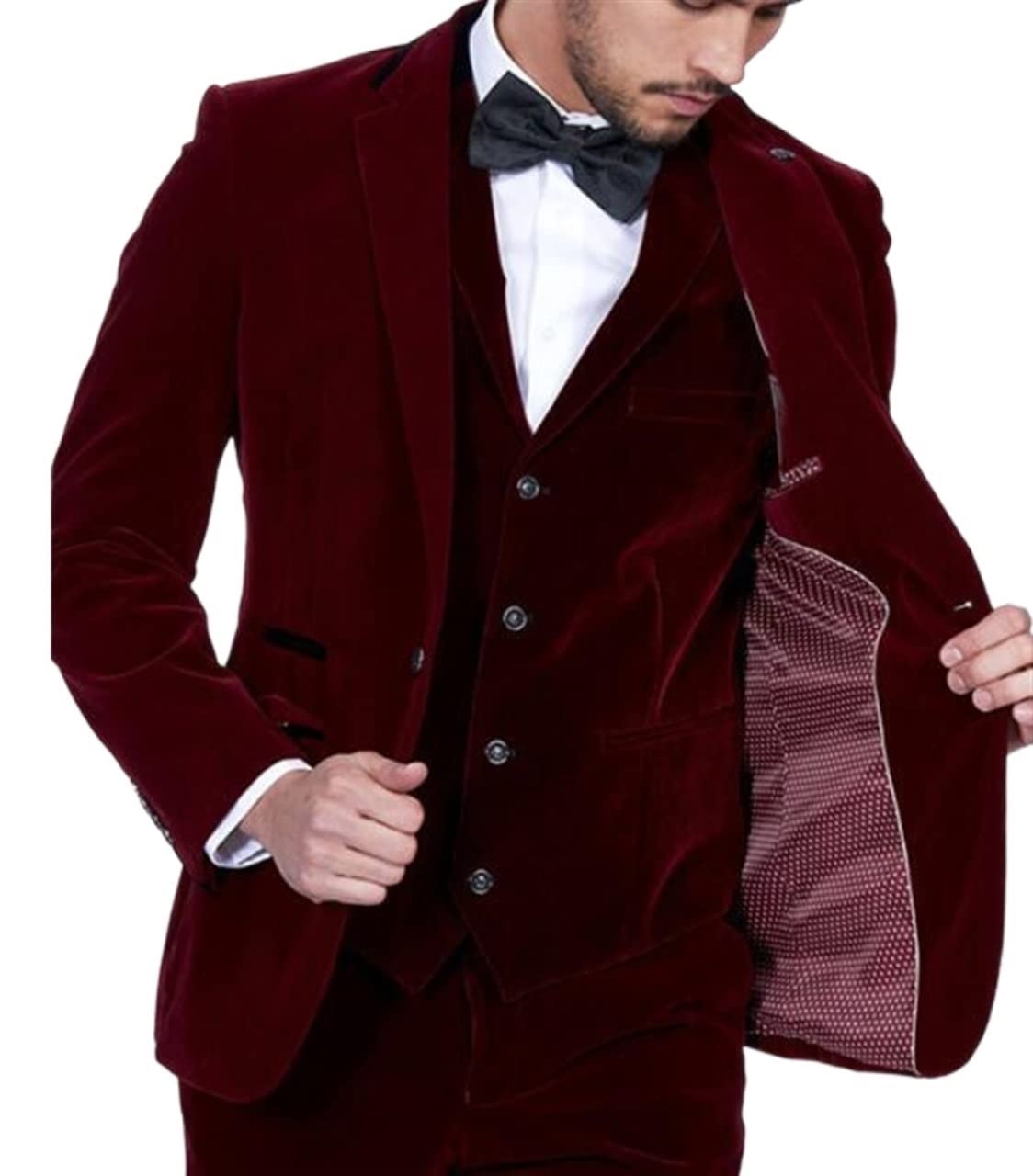 Aksamitne męskie garnitury slim fit na ślub trzyczęściowy studniówka kolacja ubrania pan młody smokingi męska kurtka ze spodniami kamizelka (kolor: Czerwony, rozmiar: 4XL.)