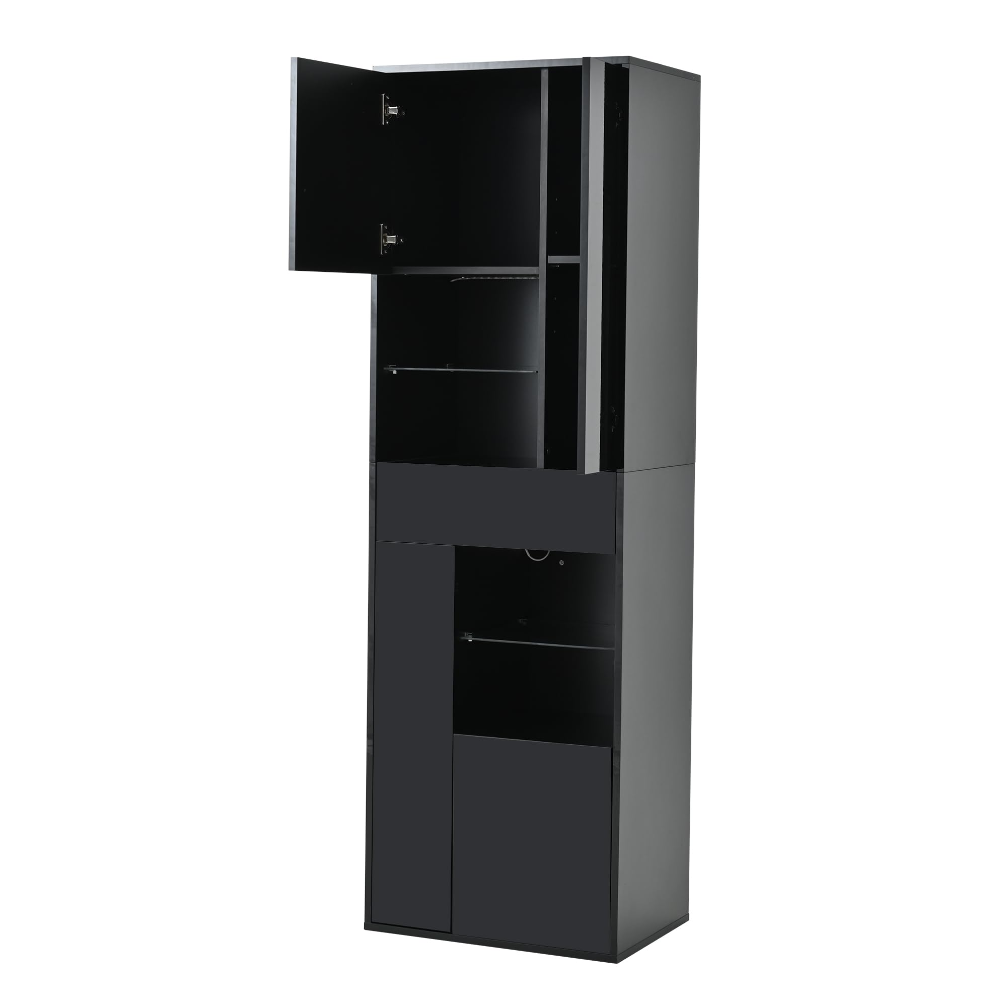 MURUL Verkaufsvitrine, 55x38x170cm Hochschrank mit 1 Schublade und 4 Schränken,Glasvitrine Vitrinenschränke mit led, Vitrinen Mit Hochglanz-Design,Wohnzimmerschränke, Vitrinen, Schaukästen,Schwarz