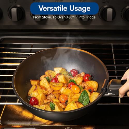 Image of House of Quirk 21 Pcs Maifan Stone Non Stick Ceramic Cookware Set | Pots & Pans with 2 Detachable Handles | Removable Handle RV Kitchen Cooking Set | Oven Safe, Induction Ready, Stackable (Black)
