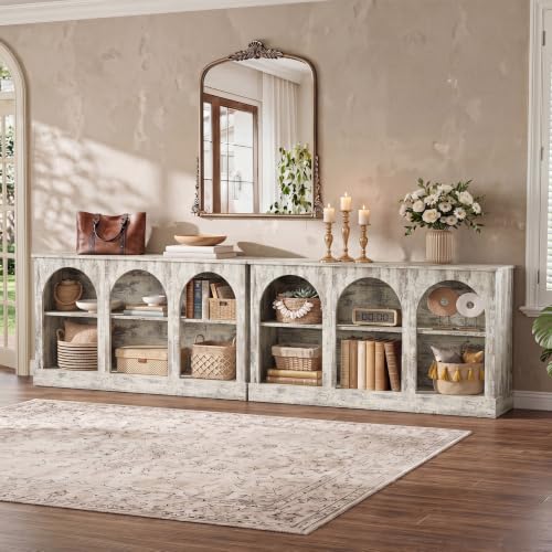 Image of Tribesigns Farmhouse Console Table Set of 2, Extra Long Entryway Table with 3 Tier Storage, Wooden Rectangular Sofa Table Behind The Couch for Entrance, Hallway, Living Room, Distressed White