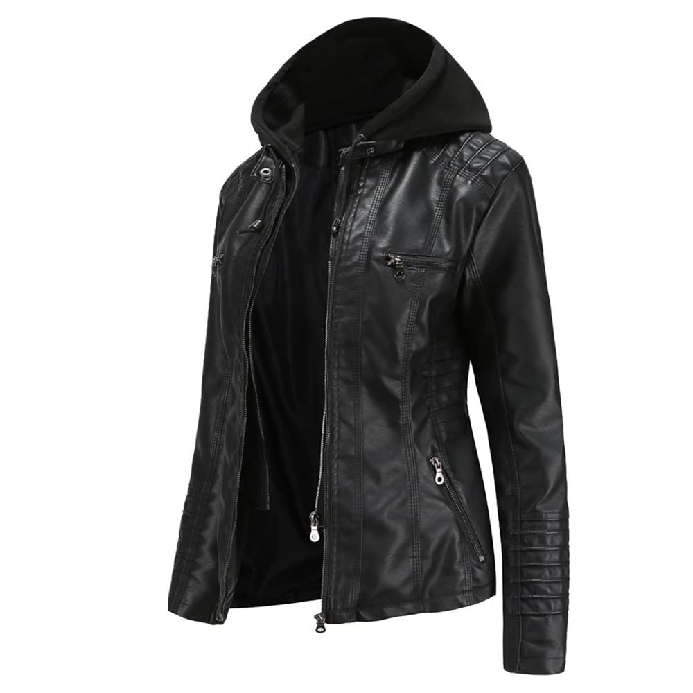 E-girl Damen Kunstleder Kapuzen-Bikerjacke RV | Abnehmbare Kapuze, Kordeln, Brust-RV-Taschen, Taillen-RV-Taschen. Kapuzenjacke, Biker-Jacke