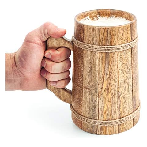 Norse Tradesman Wooden Beer Mug - 100% Handcrafted Ale Tankard - Includes Medieval Gift Sack - 1 Liter Cover