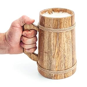 Norse Tradesman Wooden Beer Mug – 100% Handcrafted Ale Tankard – Includes Medieval Gift Sack – 32 oz