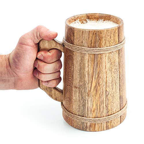 Norse Tradesman Wooden Beer Mug – 100% Handcrafted Ale Tankard – Includes Medieval Gift Sack – 32 oz